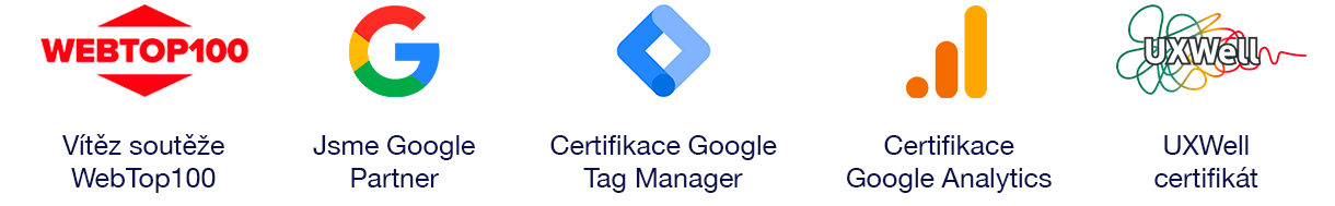 Certifikace: Vítěz soutěže WebTop100 Jsme Google Partner Certifikace Google Tag Manager Certifikace Google Analytics UXWell certifikát Certifikace: Vítěz soutěže WebTop100 Jsme Google Partner Certifikace Google Tag Manager Certifikace Google Analytics UXWell certifikát